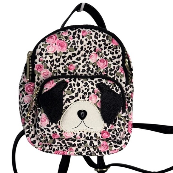 Mini Backpack Purse Dog Face Leopard Print w/ Pink Roses & Ears Cute Novelty Bag - Picture 1 of 6